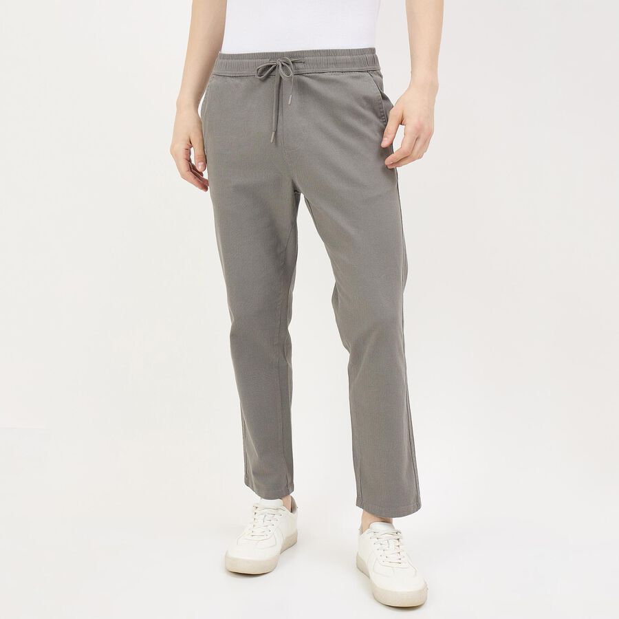 Men's Light Grey Slim Fit Flat-Front Casual Trousers, Light Grey, large