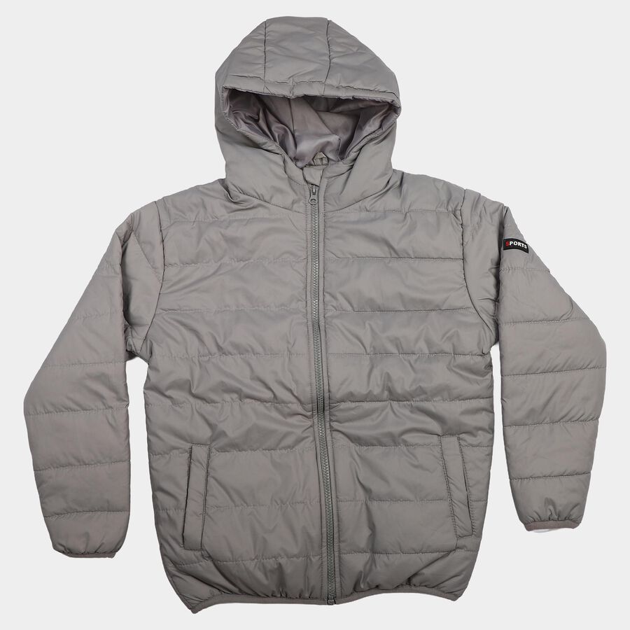 Boys Grey Hooded Puffer Jacket, Light Grey, large