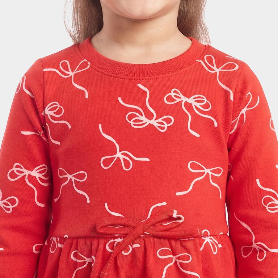 Girls' Red Bow Printed Fit and Flare Frock, Red, large