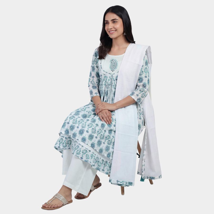 Women's White 100% Cotton Notch Neck Printed Kurta, Off White, large