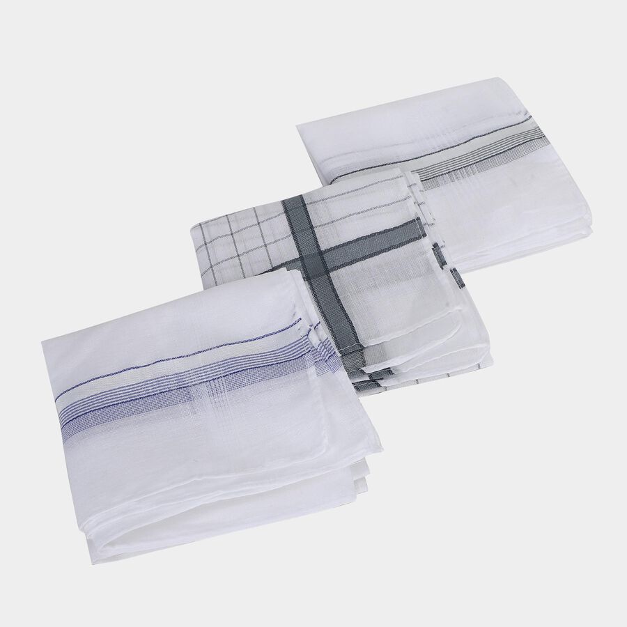 Men's White Striped and Checked Pack of 3 Handkerchief, हल्का ग्रे, large