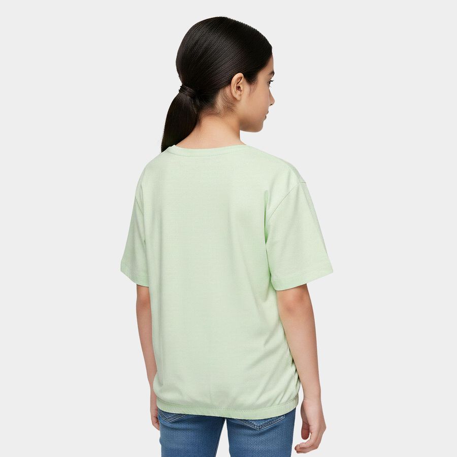 Girls' Mint Green Cotton Round Neck Regular T-Shirt, हल्का हरा, large