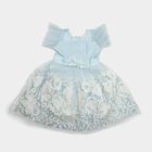 Girls' Light Blue Fit and Flare Floral Embroidered Party Wear Frock, Light Blue, small