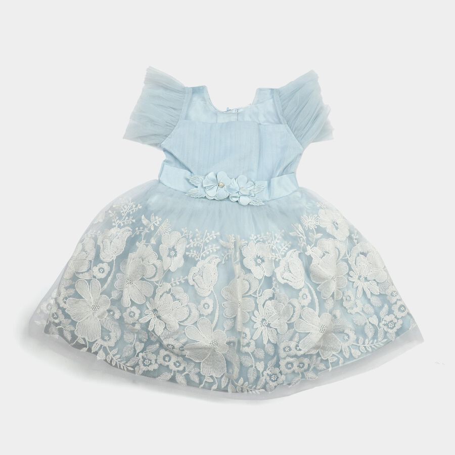 Girls' Light Blue Fit and Flare Floral Embroidered Party Wear Frock, Light Blue, large