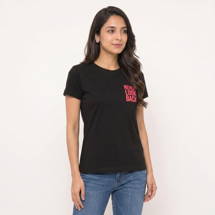 Women's Black Round Neck Graphic Print Regular T-Shirt, Black, large