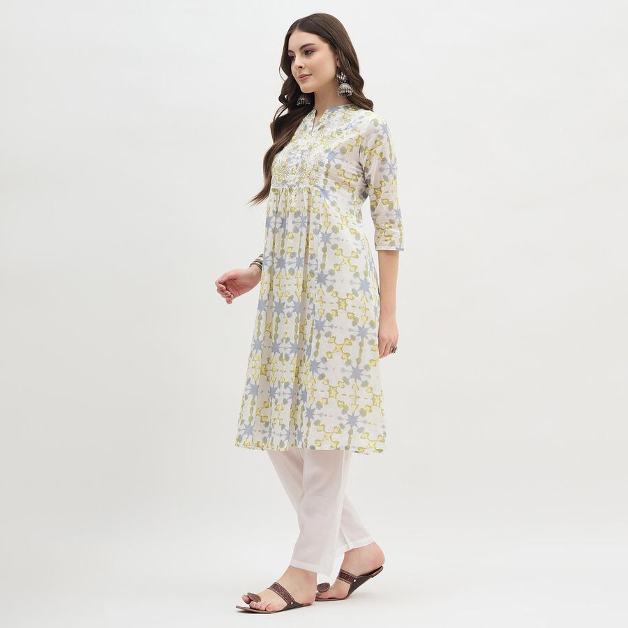 Women's White Mandarin Collar Floral Printed Kurti, Yellow, large