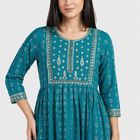 Women's Light Blue Round Neck Printed Flared Kurta, Light Blue, small