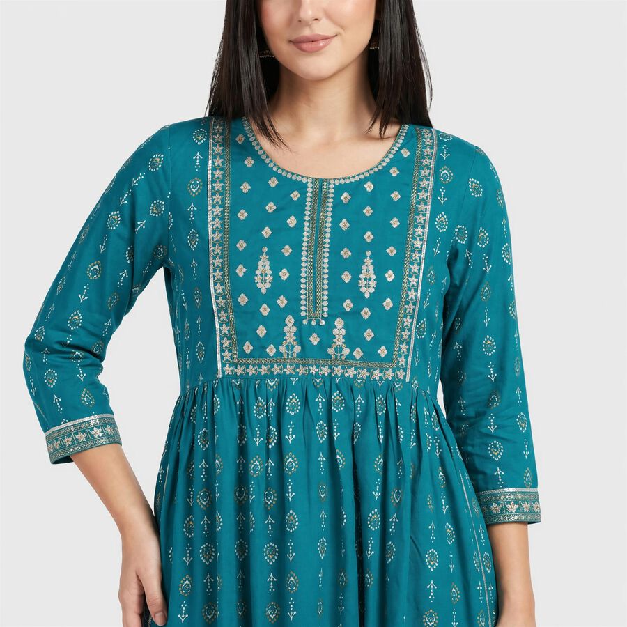 Women's Light Blue Round Neck Printed Flared Kurta, Light Blue, large