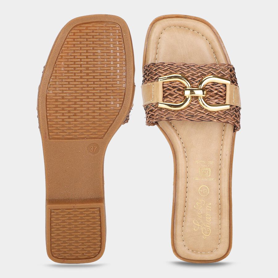 Women's Beige Chain Detail Slide Sandals, Beige, large