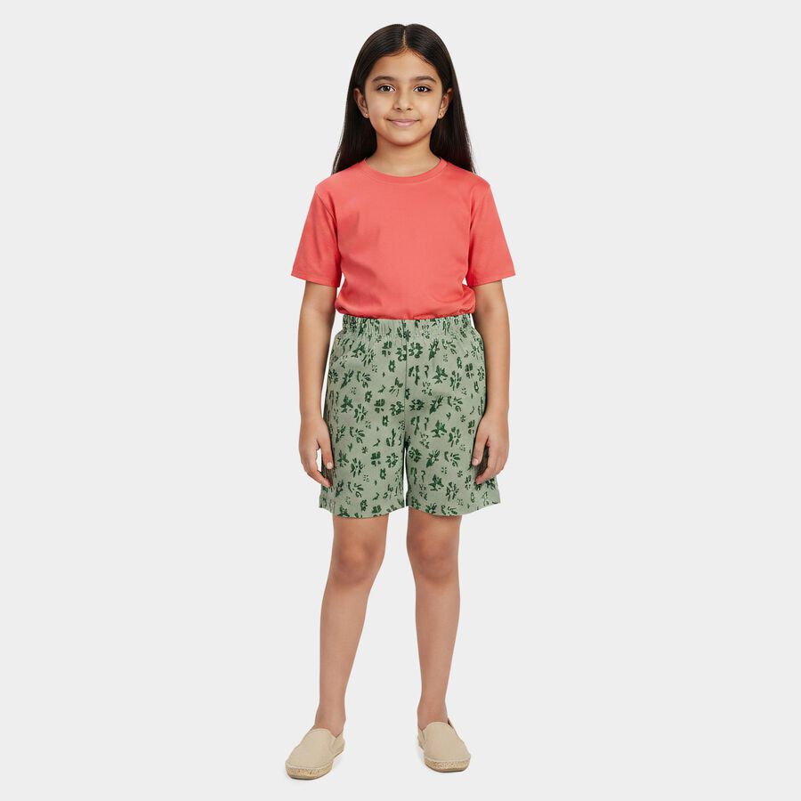 Girls' Green Regular Fit Printed Shorts, Light Green, large