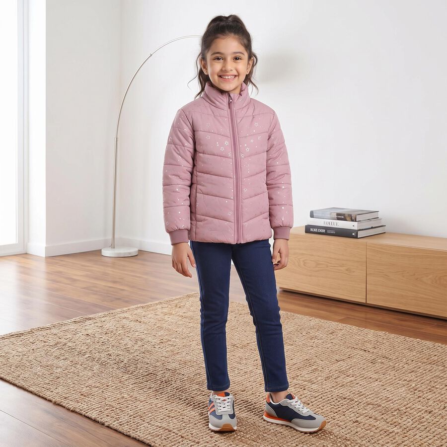 Girls Pink Stand Collar Puffer Jacket, गुलाबी, large