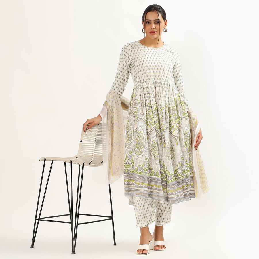 Women's Soft Ivory White Floral Printed Ethnic Set, Light Green, large