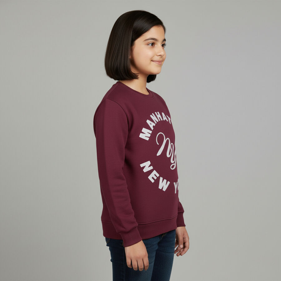 Girls Deep Burgundy Crew Neck Graphic Sweatshirt, Wine, large image number null