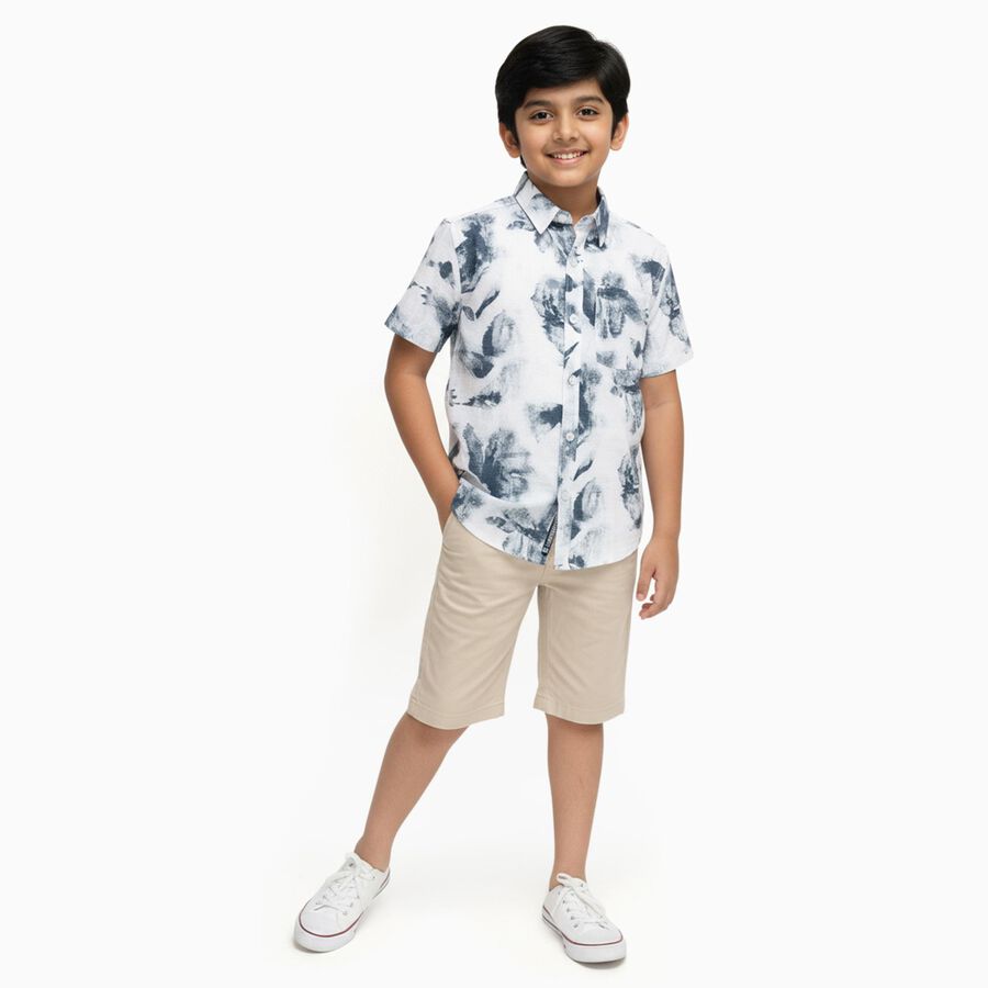 Boys' White and Navy Printed Half Sleeve Classic Collar Casual Shirt, White, large