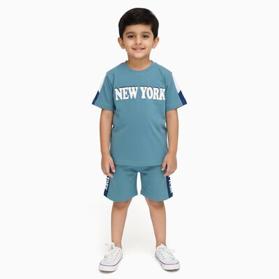 Boys' Light Blue Cotton Round Neck Printed Baba Suit