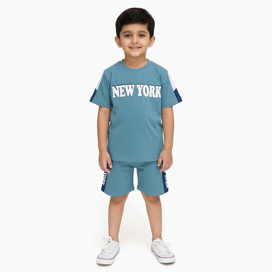 Boys' Light Blue Cotton Round Neck Printed Baba Suit, Light Blue, large image number null