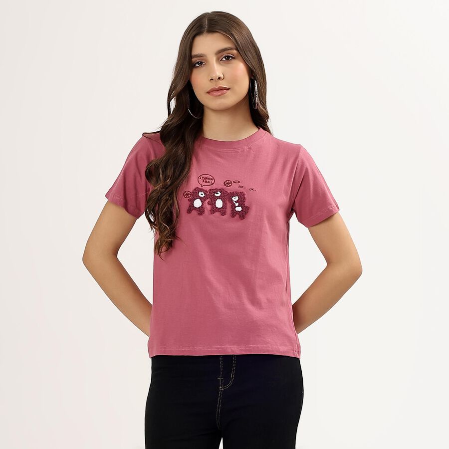 Ladies' 100% Cotton Round Neck T-Shirt , Pink, large image number null