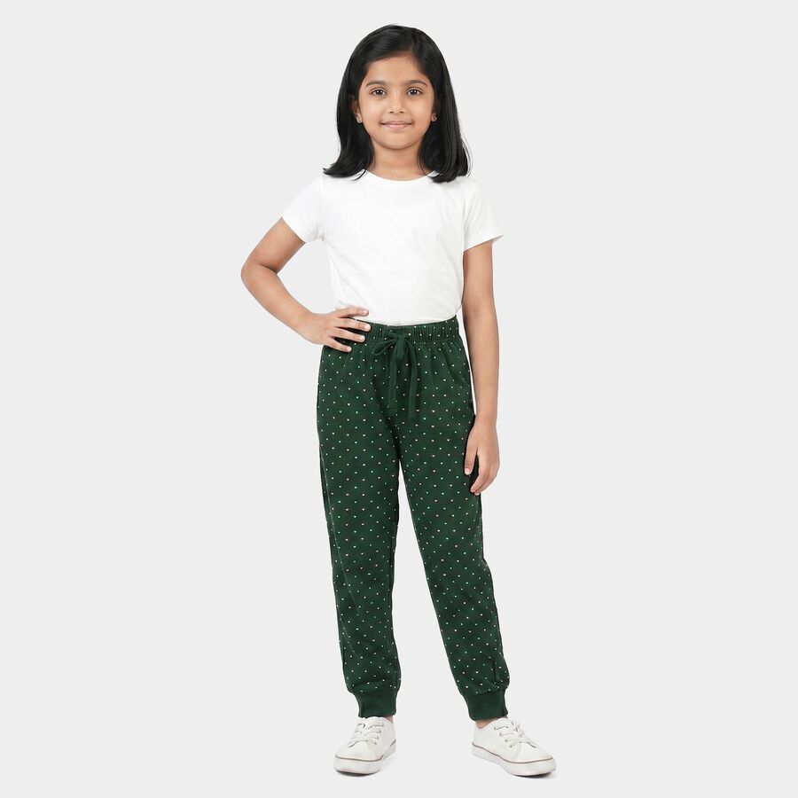 Girls Green Jogger Fit Heart Printed Cotton Blend Pyjama, Dark Green, large
