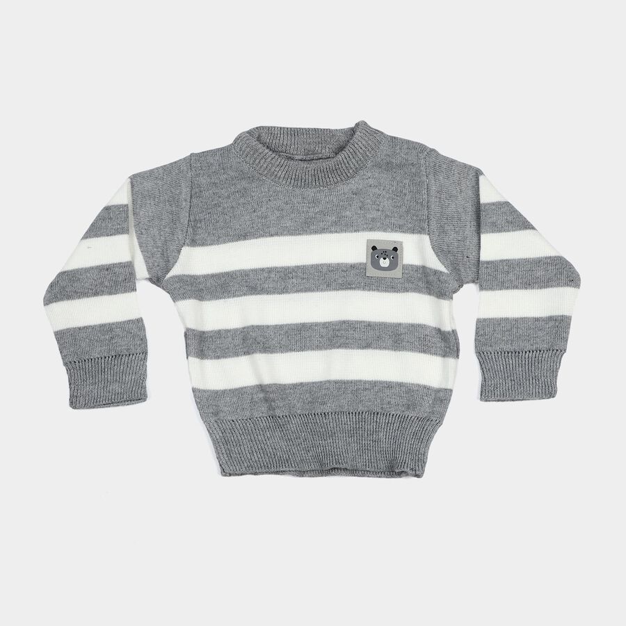 Infants Grey Crew Neck Striped Pullover, हल्का ग्रे, large