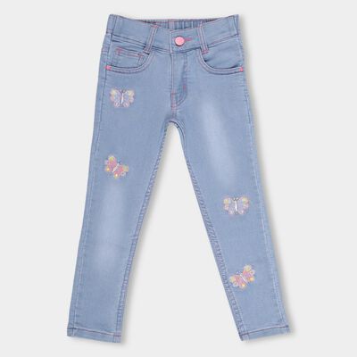 Girls' Light Powder Blue Slim Fit Embroidered Jeans