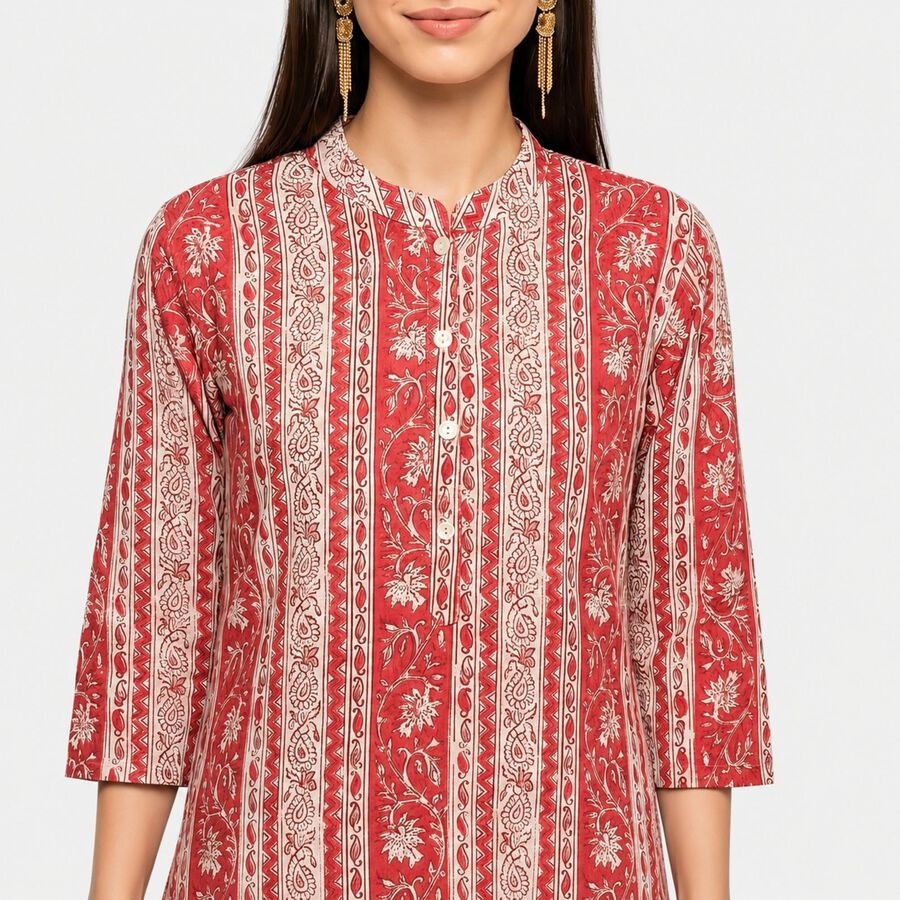 Women's Pink Band Collar Printed Straight Kurta, गुलाबी, large