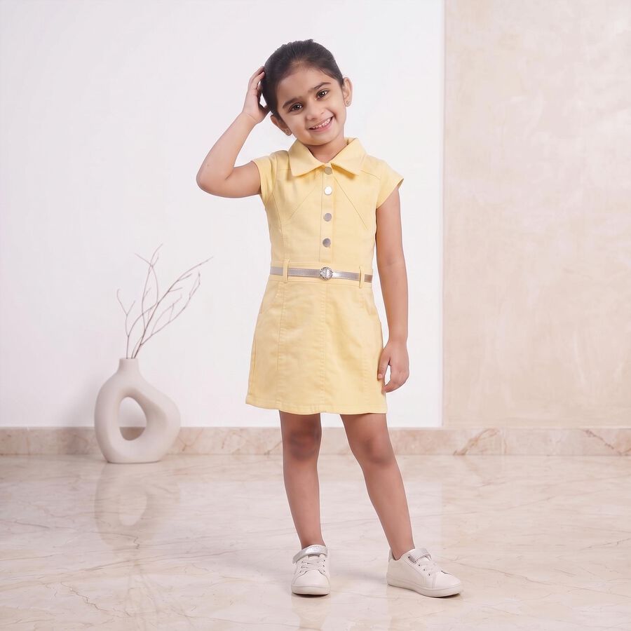 Girls' Yellow Shift Belted Shirt Collar Frock, Yellow, large