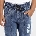 Boys Blue Jogger Fit Printed Jeans, Dark Blue, small