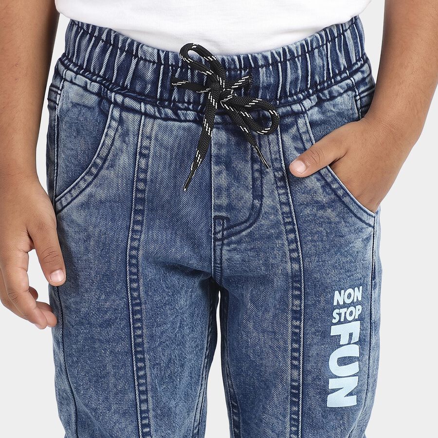 Boys Blue Jogger Fit Printed Jeans, Dark Blue, large