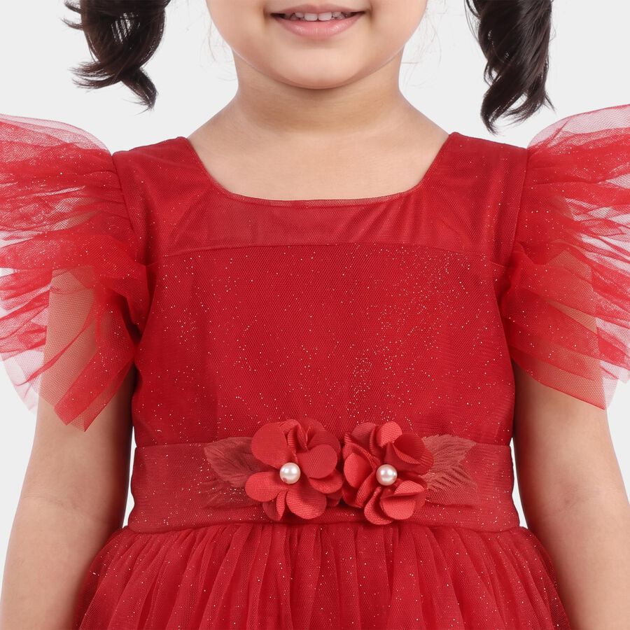 Girls' Fuchsia Fit and Flare Glitter Net Party Wear Frock, रानी (फ्यूशिया), large
