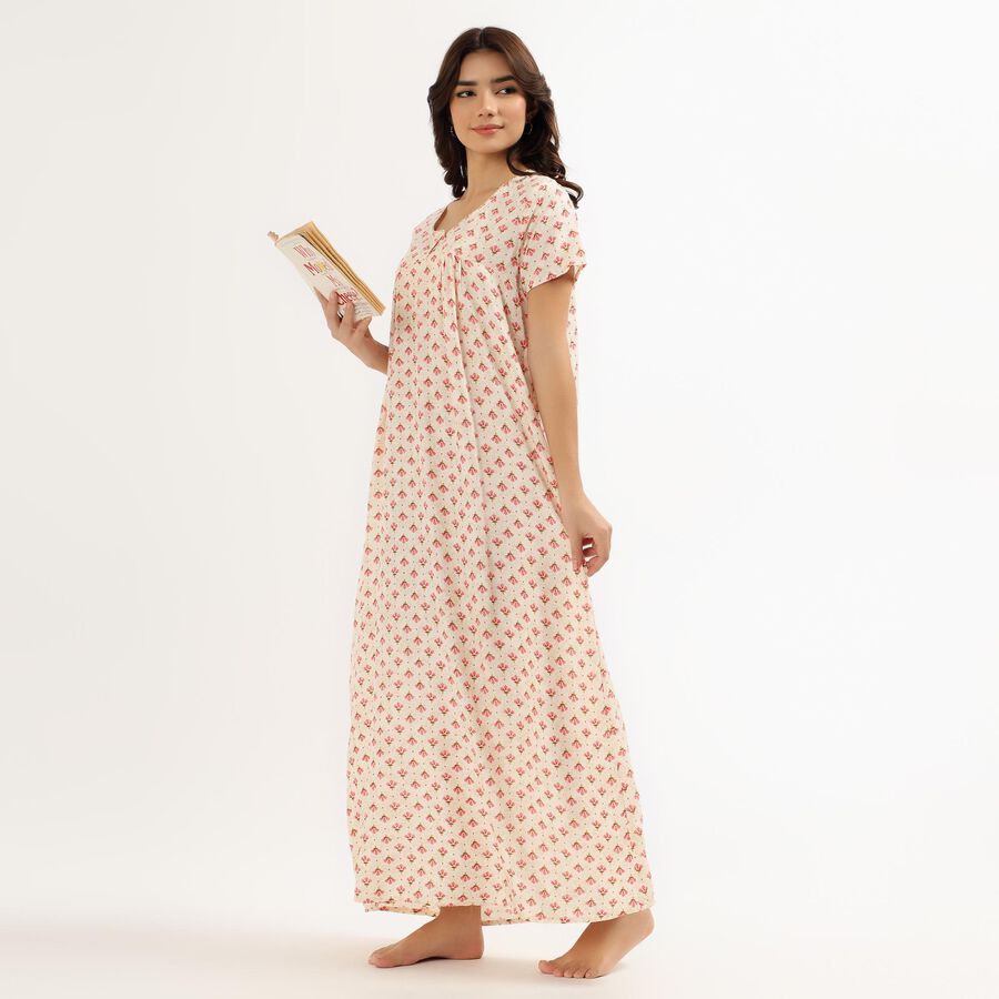 Women's Off-White Round Neck Casual Nighty, Beige, large image number null
