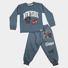 Boys Blue Crew Neck Graphic Print Baba Suit, Mid Blue, small