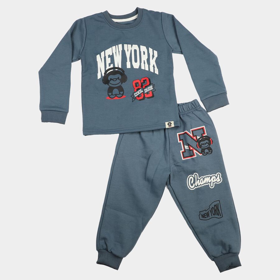 Boys Blue Crew Neck Graphic Print Baba Suit, Mid Blue, large