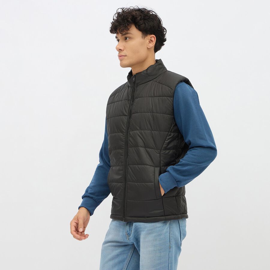 Men's Jet Black High Neck Sleeveless Jacket, Black, large image number null