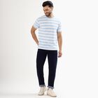 Men's Light Blue and White Round Neck Striped T-Shirt, Sky Blue, small