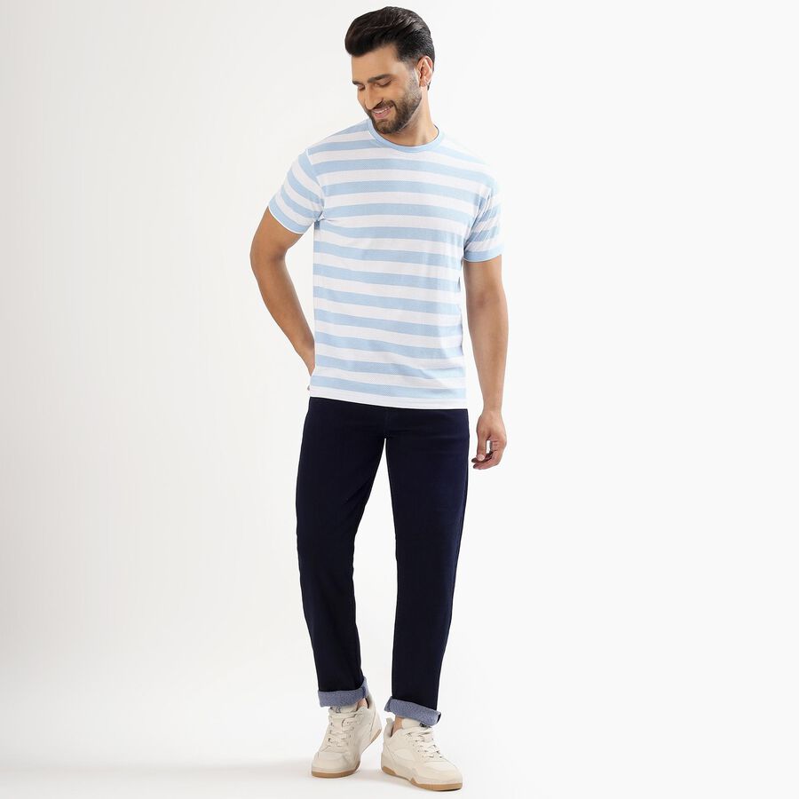 Men's Light Blue and White Round Neck Striped T-Shirt, Sky Blue, large
