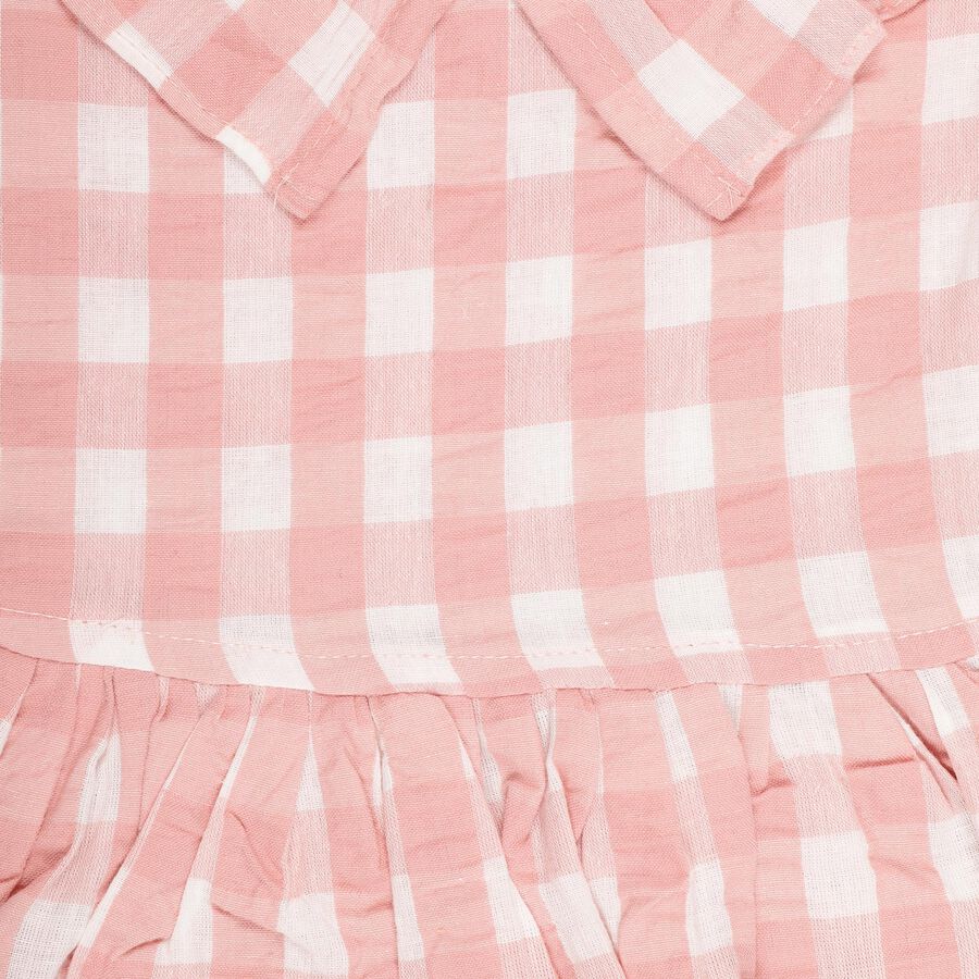 Girls' Light Pink Checkered Ruffled Round Neck Frock, Light Pink, large image number null