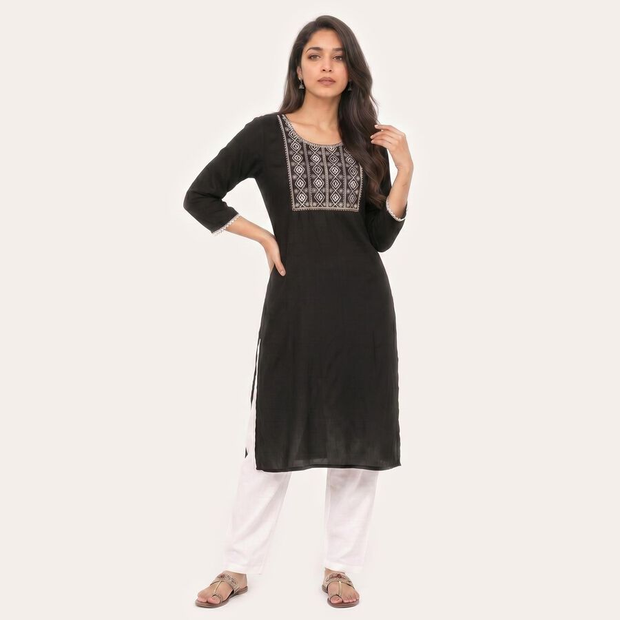 Women's Black Round Neck Embroidered Kurta, काला, large