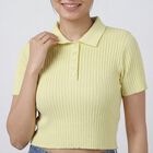 Women's Yellow Cotton Round Neck Casual Top, पीला, small
