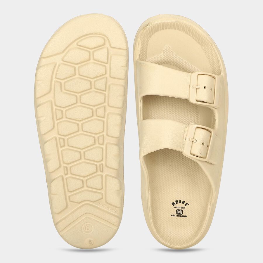 Men's Beige Buckle Strap Slip-On Sliders, गहरा पीला, large