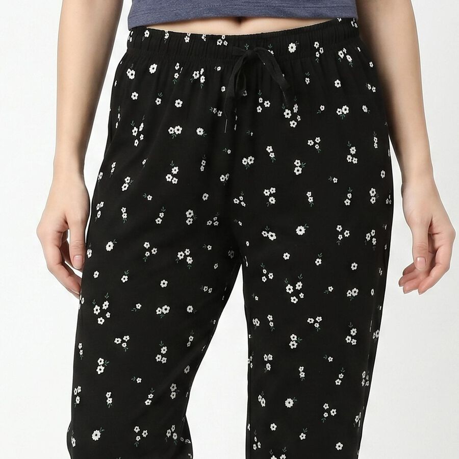 Women's Black Straight Fit Floral Printed Drawstring Pyjama, काला, large