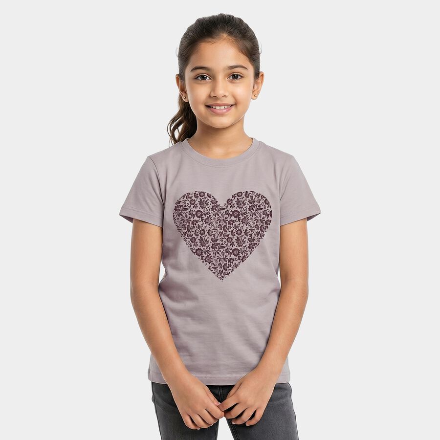 Girls Beige Round Neck Regular T-Shirt, Beige, large