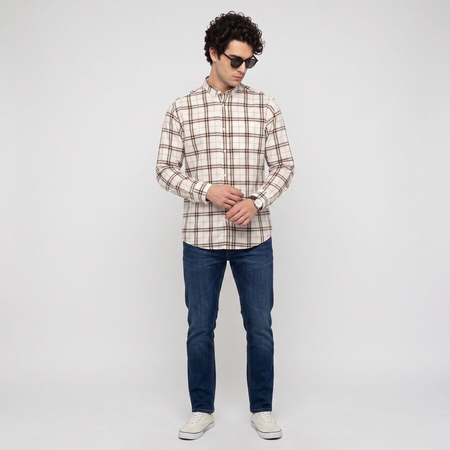 Men's Off White Cotton Long Sleeves Spread Collar Casual Shirt, Off White, large