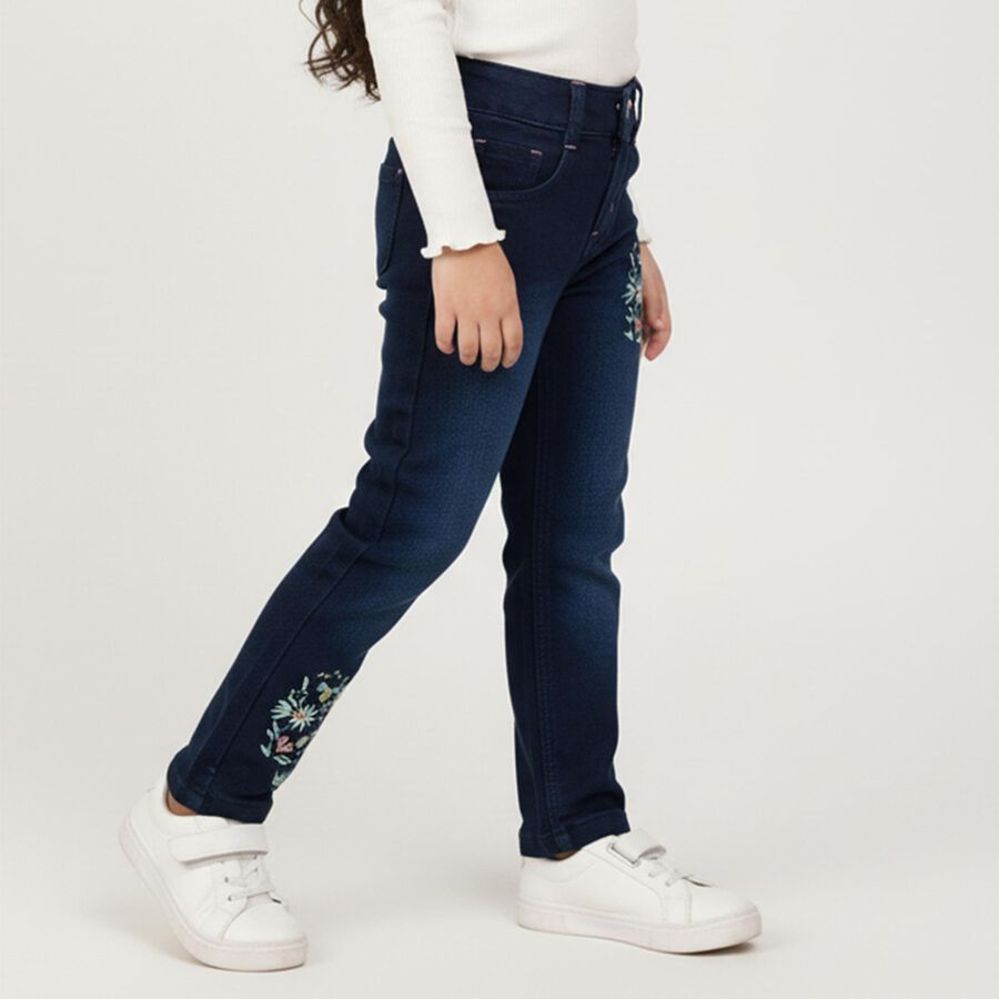 Girls' Dark Blue Slim Fit Embroidered Jeans, गहरा नीला, large image number null