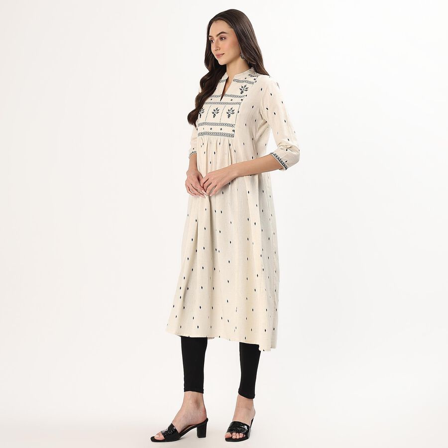 Women's White Mandarin Collar Textured Kurta, ऑफ व्हाइट, large
