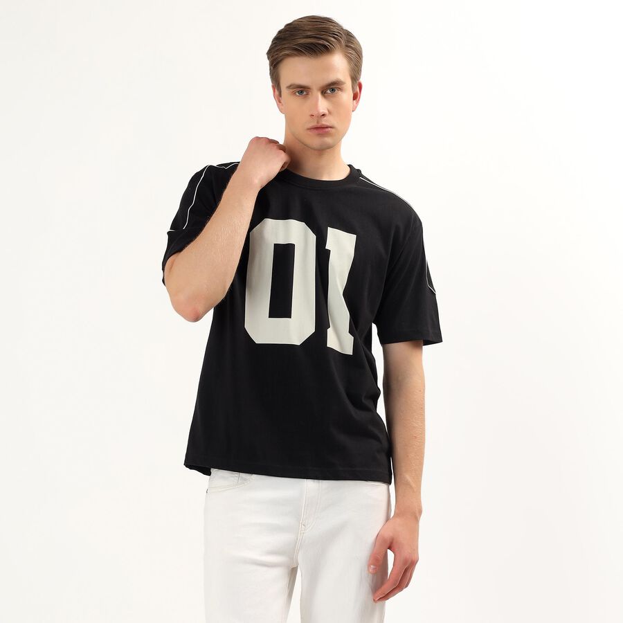 Men's Black Cotton Round Neck Numeric Printed T-Shirt, Black, large
