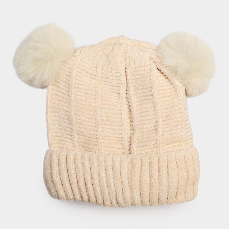 Girls' Cream Bear Embroidered Beanie Cap, Off White, large