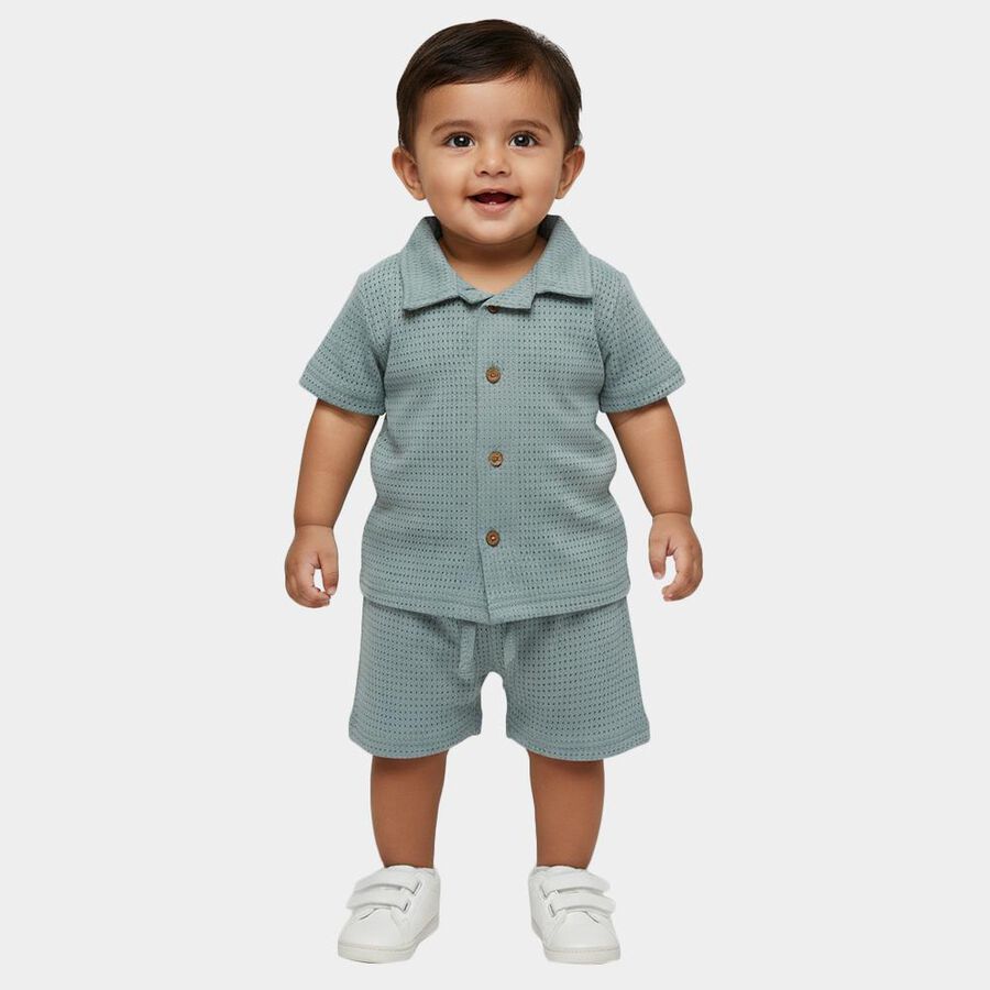 Infants' Green Cotton Collar Neck Waffle Textured Baba Suit, Light Green, large