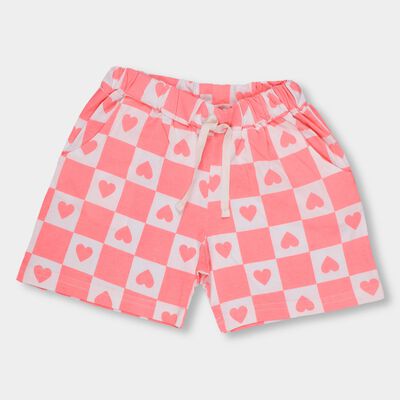 Girls' Coral Pink Printed Elastic Waist Shorts