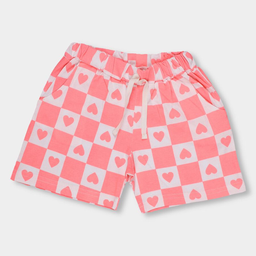 Girls' Coral Pink Printed Elastic Waist Shorts, Pink, large image number null