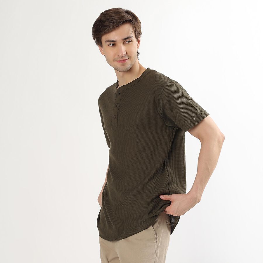 Men's Olive Henley Neck Casual T-Shirt, ओलिव, large image number null